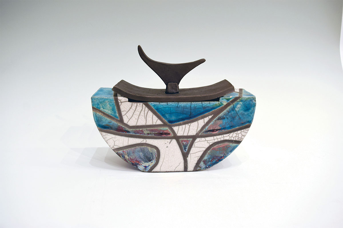Turquoise and grey raku hand-built ceramic piece by Robbie Breaux