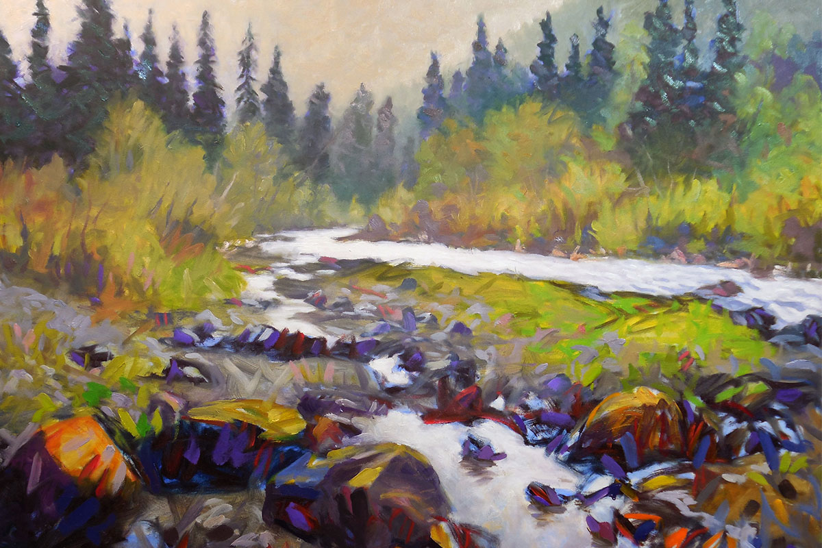 Painting by Tony Crocetto of forest and river in background and river coming into foreground