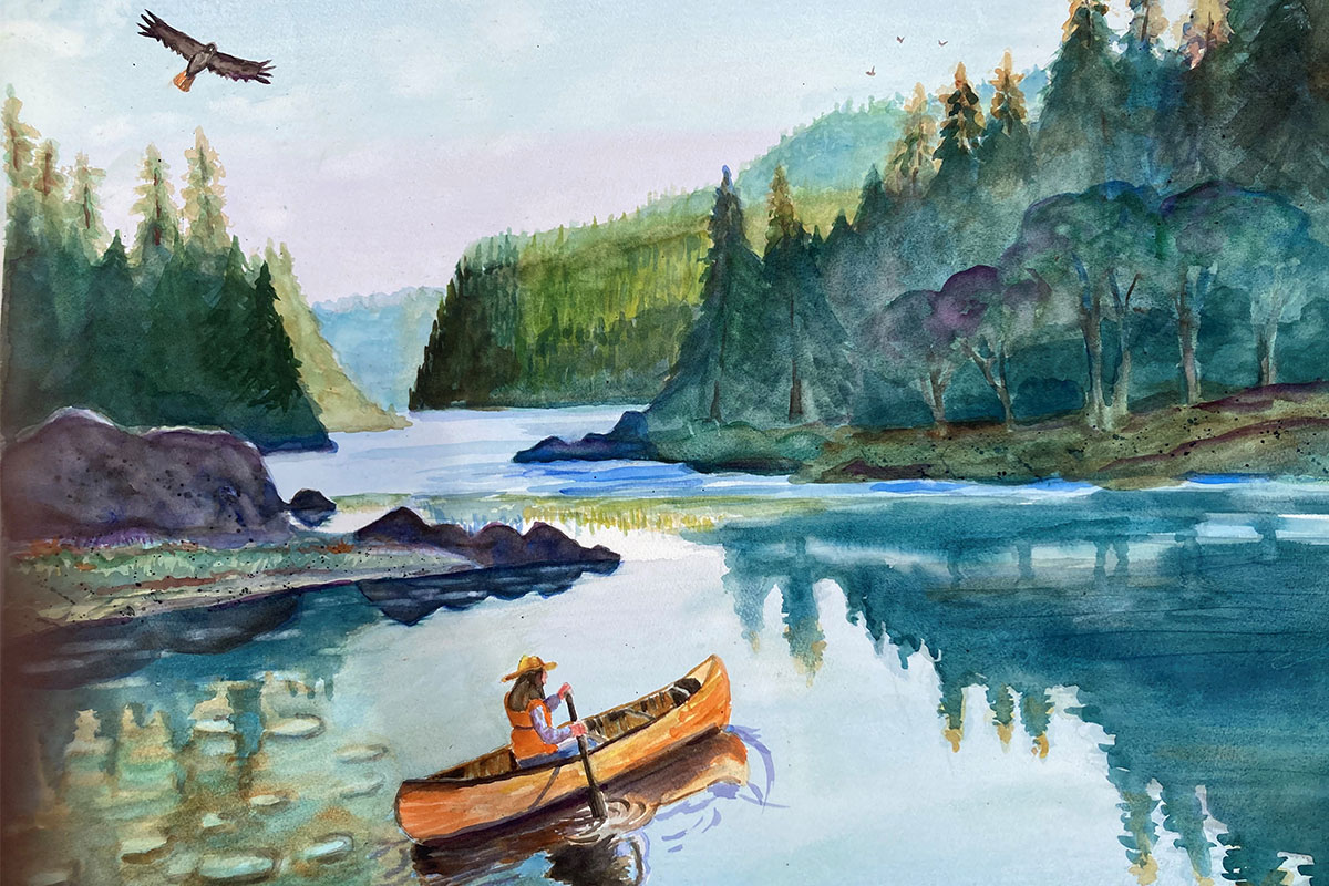 Watercolor by Tim Brady of woman canoeing in a mountain lake