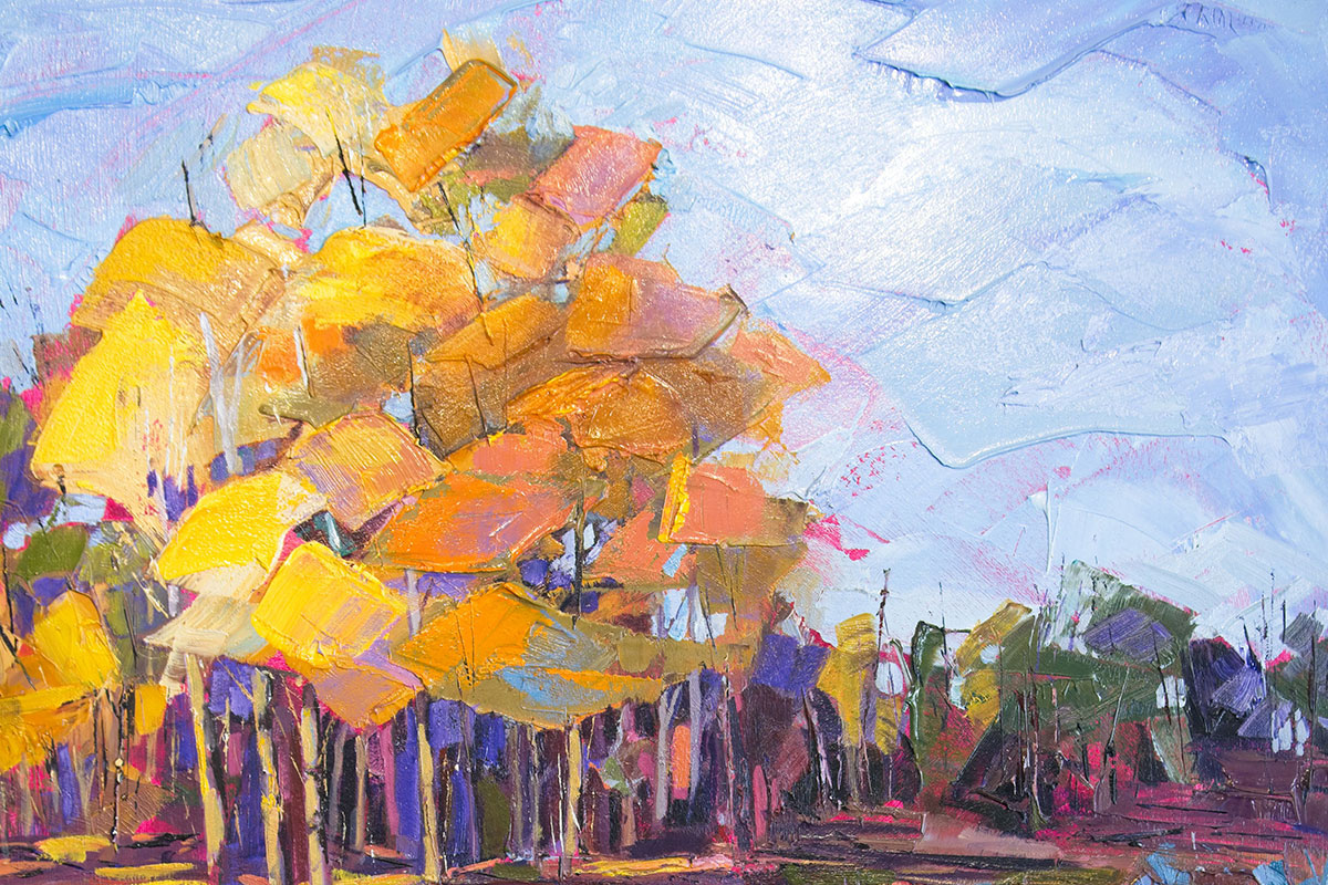 Abstract painting of yellow and orange aspen trees by Jody Ahrens