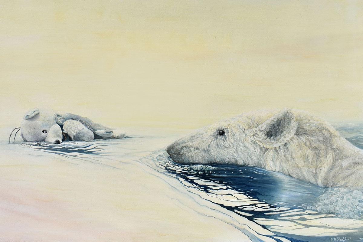 Polar Bear and Teddy Bear in melting ice