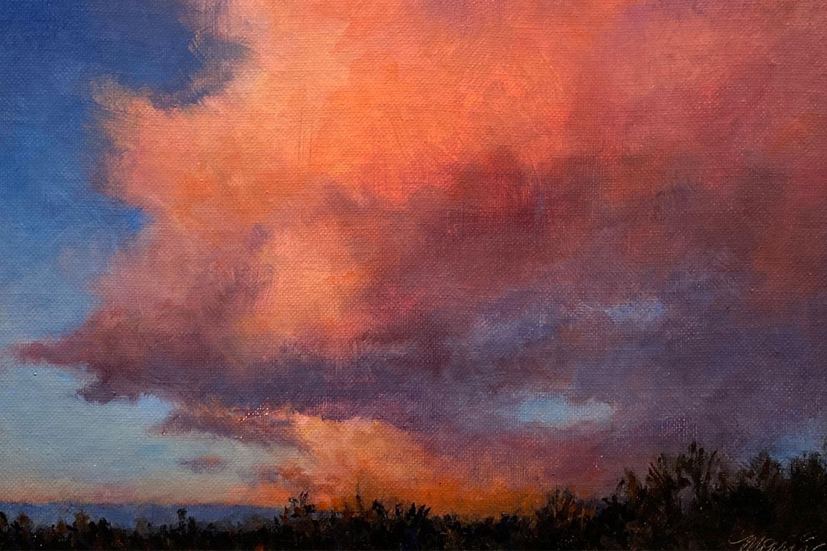 Oil painting of orange and pink sunset over mountains