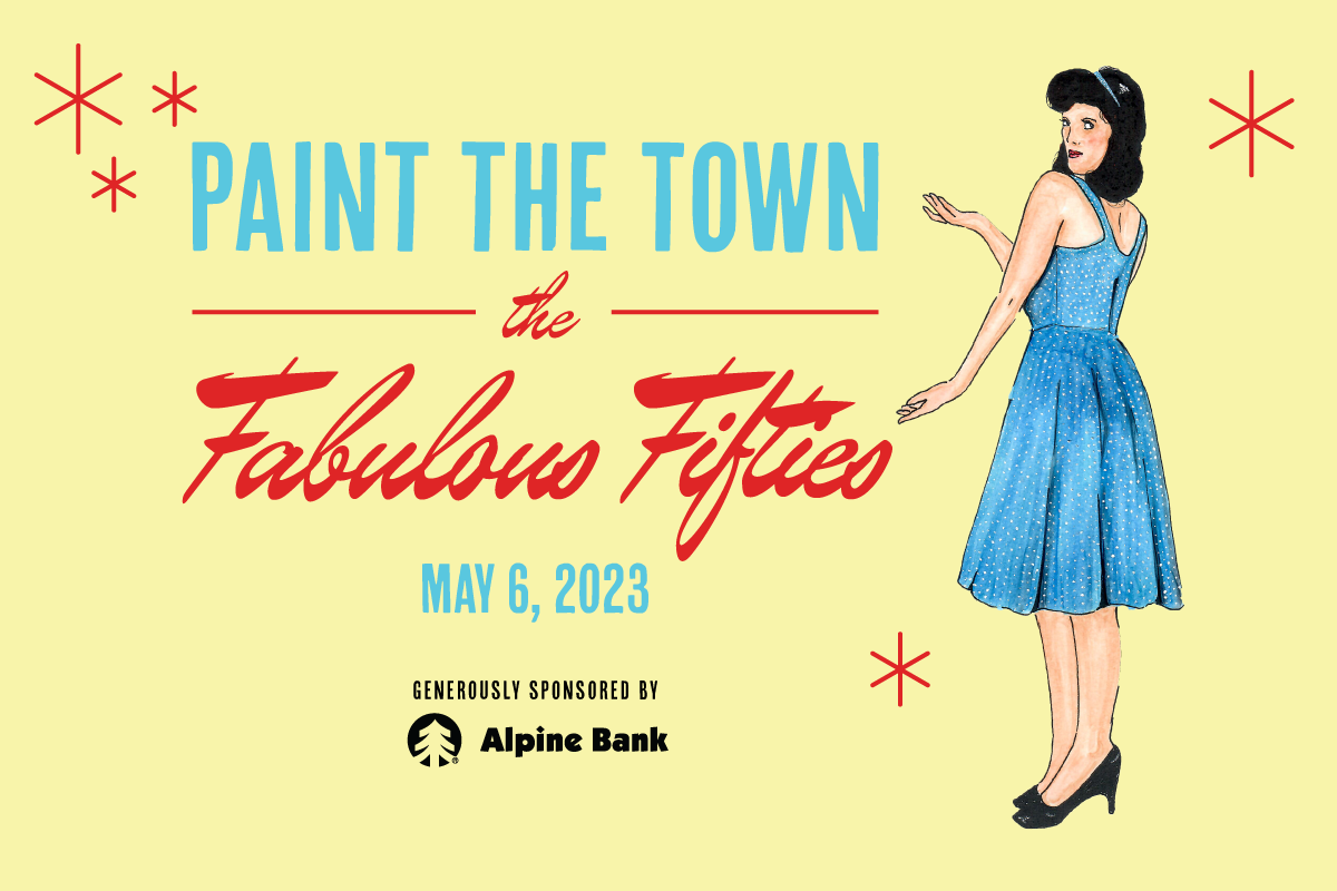 Red, blue, yellow, graphic with 1950s girl - text reads Paint the Town: the Fabulous Fifties