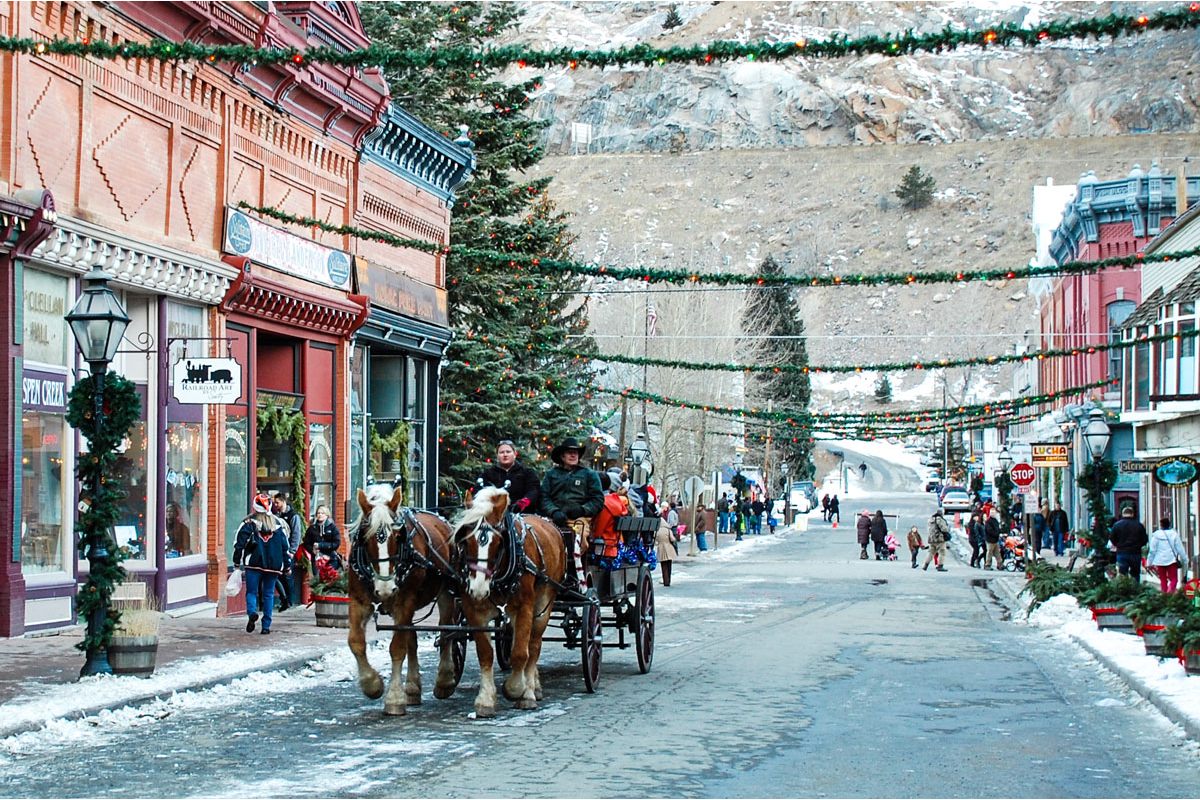 Georgetown main street at Christmas time with horse drawn carriage