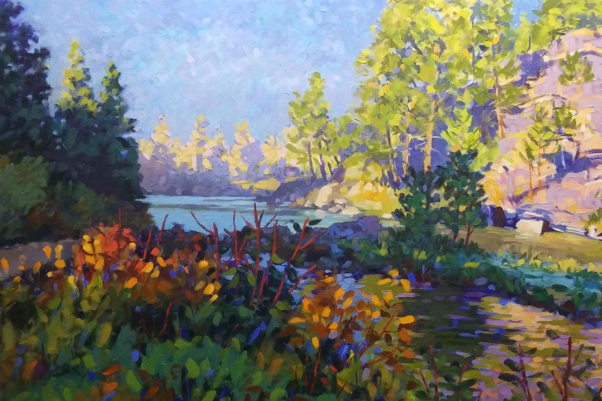 Painting by Tony Crocetto of colorful forest with lake in background