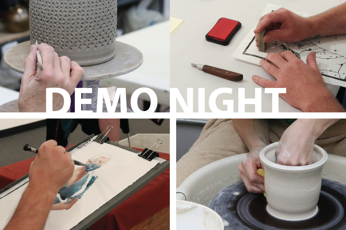 Four artists demoing ceramics, painting, and printmaking